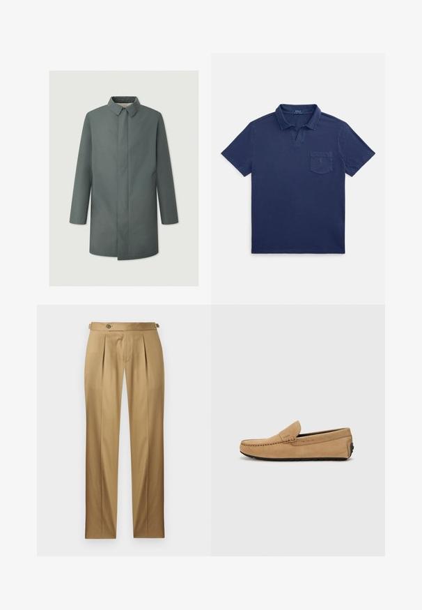 Harmaa, keskipitkä takki, jossa on muotoiltu kaulus, suora siluetti ja ei näkyviä kiinnikkeitä, sisältäen sivutaskut ja sileän tekstuurin.; Laivastonsininen puuvillainen poolopaita, jossa on käännetty kaulus, lyhyet hihat ja rintatasku, jossa on pieni logodetalji.; Beiget suoralahkeiset housut, joissa on laskokset, napillinen suljenta ja vyölenkit. Sileä kangas ja siisti, räätälöity ilme.; Beige mokasínikengät, joissa on ommeltu varvas, liukupohjainen muotoilu ja musta kumipohja. Sivussa hienovarainen brändäys.