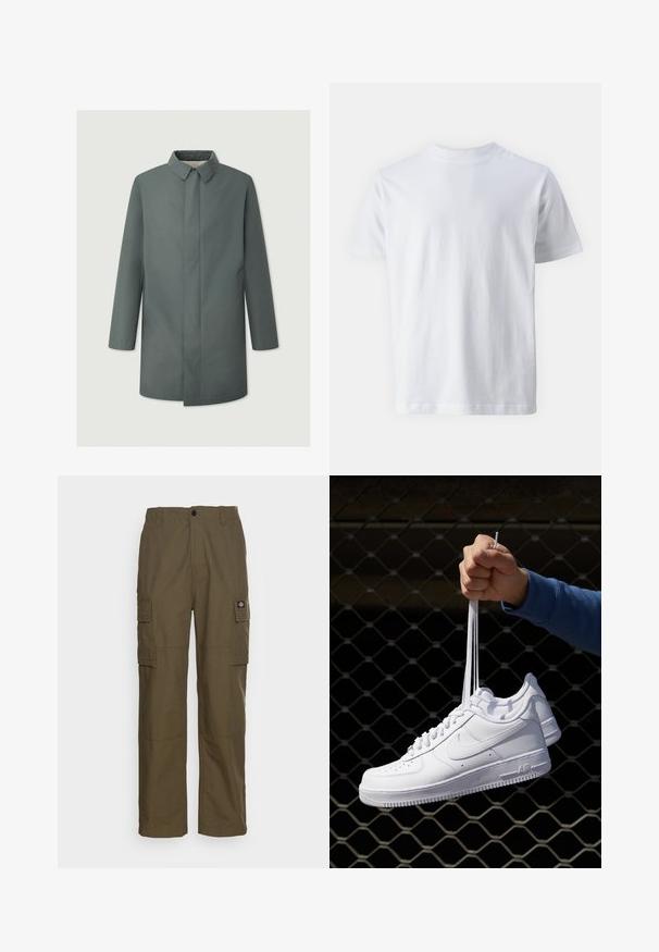 Cappotto grigio di media lunghezza con colletto strutturato, silhouette dritta e senza chiusure visibili, caratterizzato da tasche laterali e una texture liscia.; T-shirt bianca a maniche corte realizzata in cotone, con scollo rotondo e una texture liscia, dal taglio dritto e senza fantasie.; Pantaloni cargo verde oliva, realizzati in tessuto resistente. Presentano due tasche laterali, un punto vita standard e un design a gamba dritta.; Sneakers in pelle bianca con perforazioni, punta rotonda, suola piatta e lacci spessi, con logo swoosh visibile e "AIR" sul tallone.