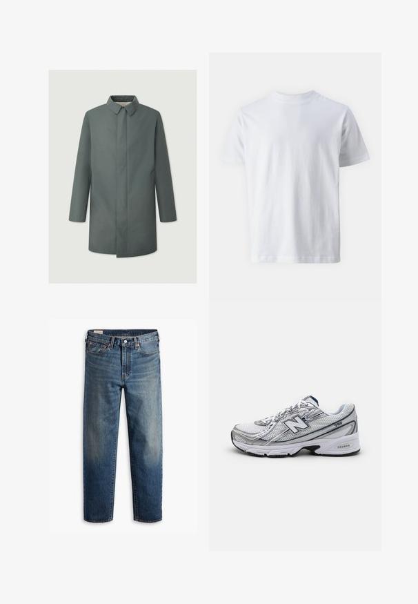 Sivi, kaput srednje dužine sa strukturiranim ovratnikom, ravnim siluetom i bez vidljivih kopči, s bočnim džepovima i glatkom teksturom.; Bijela majica kratkih rukava od pamuka, s okruglim izrezom i glatkom teksturom, ravnog kroja bez uzoraka.; Plave traperice ravnog kroja s klasičnim dizajnom od pet džepova, zatvaranjem na dugme i suptilnim izblijedjelim efektom na bedrima i koljenima.; Tenisice New Balance s gornjim dijelom od mreže, pretežno bijele boje s nijansama sive i mornarsko plave, s udobnom potplatnom i teksturiranim detaljima.