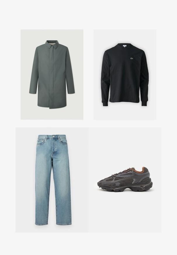 Harmaa, keskipitkä takki, jossa on muotoiltu kaulus, suora siluetti ja ei näkyviä kiinnikkeitä, sisältäen sivutaskut ja sileän tekstuurin.; Musta pitkähiha t-paita, joka on valmistettu puuvillasta. Paita on varustettu pyöreällä kaula-aukolla ja vasemmassa rinnassa on pieni vihreä brodeerattu krokotiililogo.; Vaaleansiniset farkut, joissa on löysä malli, suorat lahkeet, viisi taskua ja nappikiinnitys vyötäröllä. Minimalistinen ommel yksityiskohta.; Lacoste-tennar i mörkgrått med nät- och syntetmaterial, med en texturerad sula och bruna accenter på kragen och märket.