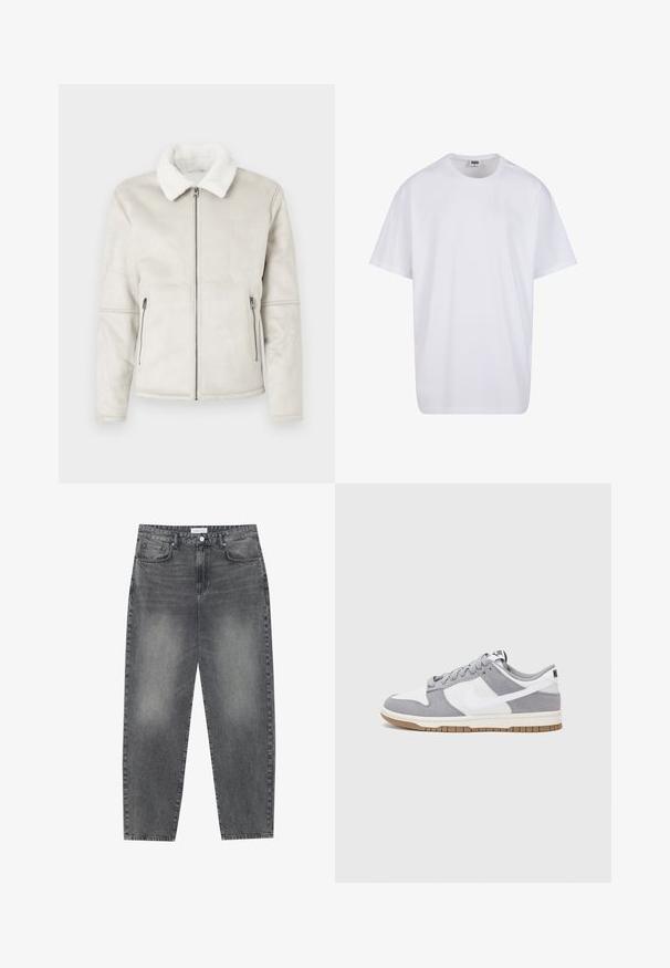 Lichtgrijze faux leren jas met een witte schapenwollen kraag, voorrits en twee ritszakken aan de zijkant. Gladde textuur en een getailleerde pasvorm.; Witte katoenen t-shirt met korte mouwen, ronde hals, relaxte pasvorm en zonder zichtbare logo's of patronen. Gladde textuur en minimalistisch ontwerp.; Hoge taille, losvallende jeans van vervaagd zwart denim. Beschikt over vijf zakken, riemlussen en een schone, rechte broekspijp ontwerp.; Grijze en witte sneaker met een bovenwerk van suede en leer, ronde neus, platte veters en een rubberen zool met een gumaccent.