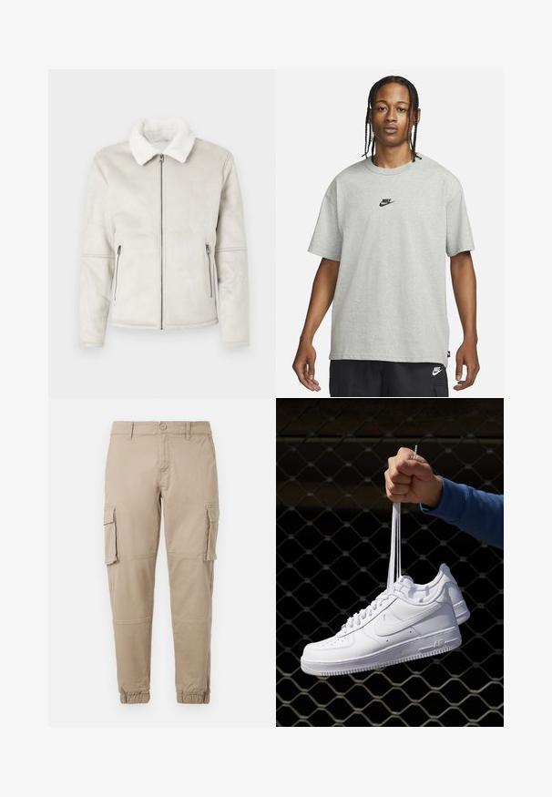 Chaqueta de cuero sintético gris claro con un cuello de borrego blanco, cremallera frontal y dos bolsillos laterales con cremallera. Textura suave y ajuste entallado.; Joven con cabello trenzado que lleva una camiseta Nike gris claro y pantalones cortos Nike negros frente a un fondo blanco liso.; Pantalones cargo beige de un material de algodón ligero. Presenta puños elásticos, múltiples bolsillos laterales y un cierre de botón.; Zapatillas de cuero blanco con perforaciones, punta redonda, suela plana y cordones gruesos, con un logo de swoosh visible y "AIR" en el talón.