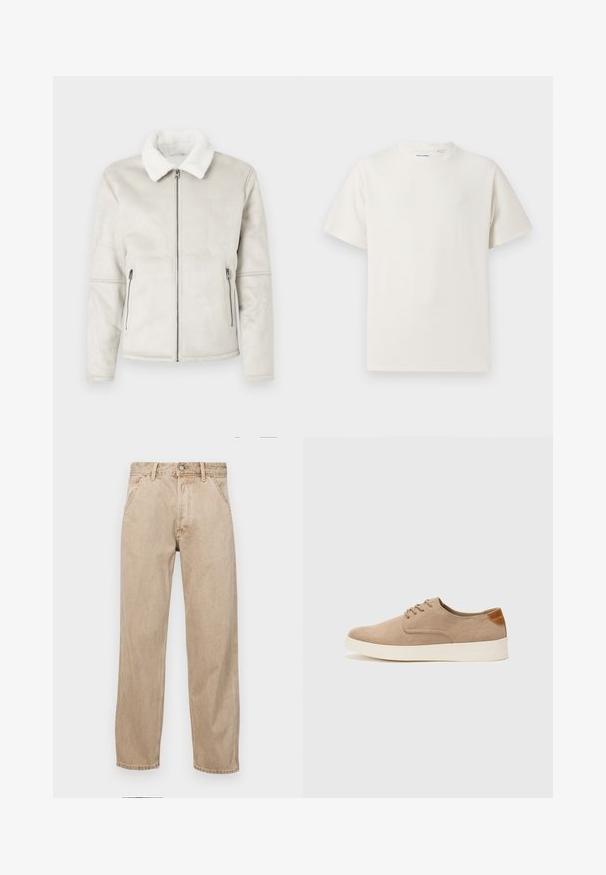 Giacca in eco-pelle grigio chiaro con colletto in shearling bianco, zip frontale e due tasche laterali con zip. Tessuto liscio e vestibilità su misura.; T-shirt bianca a maniche corte in texture a coste. Girocollo, vestibilità rilassata, senza modelli o accenti visibili. Design semplice e versatile.; Jeans in denim beige con un design a gamba dritta, dotati di tasche frontali, chiusura con bottone metallico e una texture delicata.; Sneaker in suede beige con punta arrotondata, stringhe davanti e un accento testurizzato sul retro. La suola in gomma bianca offre un contrasto. Design semplice e moderno.