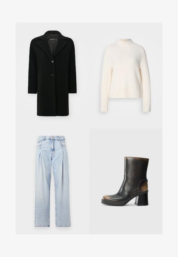 Schwarzer Wollmantel mit Reverskragen, Ein-Knopf-Verschluss und Seitentaschen. Sauberer Schnitt, mittellang mit weicher Textur.; Cremfarbener Pullover mit hohem Kragen, langen Ärmeln und einer strukturierten, weichen Oberfläche. Hat einen leicht verkürzten Saum.; Helle blaue Denim-Jeans mit hoher Taille, weitem Beinschnitt, zwei seitlichen Taschen und gefaltetem Design. Weiche Textur mit einem ausgebleichten Finish.; Schwarze Leder-Stiefelette mit glänzender Oberfläche, abgerundeter Zehenform, kontrastierenden tanfarbenen Akzenten, Blockabsatz und seitlichem Reißverschluss.