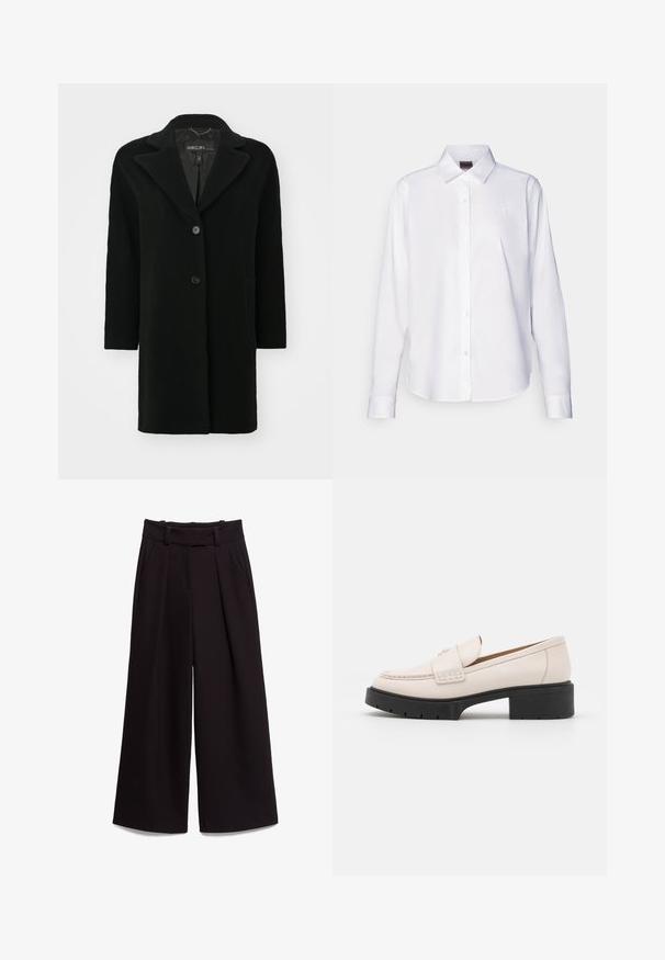 Schwarzer Wollmantel mit Reverskragen, Ein-Knopf-Verschluss und Seitentaschen. Sauberer Schnitt, mittellang mit weicher Textur.; Weiße Langarm-Bluse aus Baumwolle. Mit klassischem Kragen und subtilem Markenstick auf der Brust. Glatte Textur.; Schwarze weit geschnittene Hose aus glattem Stoff, mit hoher Taille, Gürtelschlaufen und zwei Vorderaschen. Die Faltenstruktur sorgt für Textur.; Hellebeige Lederloafers mit einer gesteppten Vorderseite und einem strukturierten schwarzen Plateauabsatz. Merkmale ein geschwungenes Design und eine leichte Erhöhung.