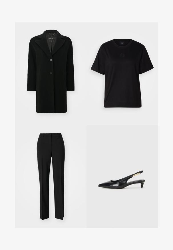Schwarzer Wollmantel mit Reverskragen, Ein-Knopf-Verschluss und Seitentaschen. Sauberer Schnitt, mittellang mit weicher Textur.; Schwarzes Baumwoll-T-Shirt mit Rundhalsausschnitt, kurzen Ärmeln und aufgesticktem Logo auf der Brust. Einfacher, lässiger Schnitt ohne Muster.; Schwarze, taillierte Hose mit geradem Bein, aus einem glatten Stoff und mit klaren Falten an der Vorderseite. Keine sichtbare Hardware.; Schwarze Leder-Slingback-Pumps mit spitzem Schuhblatt, ausgestattet mit einem schlanken Absatz und einem goldfarbigen Akzent am verstellbaren Riemen. Glatte Textur.