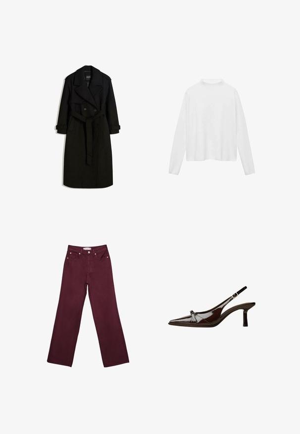 Črn plašč iz volnenega materiala, z dvojnim zapenjanjem spredaj, velikim ovratnikom, pasom in zavihanimi manšetami.; Bela dolga majica z dolgimi rokavi in visokim ovratnikom. Mehka tkanina, sproščen kroj in stranski razporki. Gladka tekstura brez vzorcev ali okraskov.; Bordo visokokotne traperice s ravnim nogavicam, ki vključujejo sprednje žepke, gumbasto zapiranje in detajle iz bakrenega tona.; Rjave lakirane slingback čevlje z oglatim nosom, nizko peto in dekorativno pentljo na sprednji strani. Gladka, sijoča tekstura.