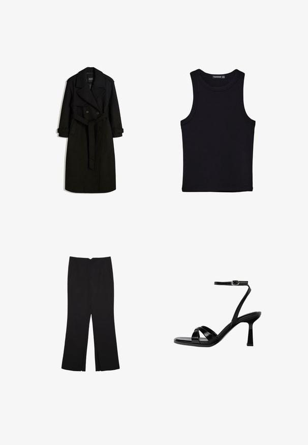 Svart trenchcoat i ull-liknande tyg, med dubbelknäppt front, stor krage, bälte i midjan och upplagda ärmar.; Svart linne i bomull, med rund halsringning och breda armhål. Slät yta med sydda fållar. Klassisk, minimalistisk design.; Svarta byxor med rak passform, utrustade med framfickor och sidoklyvningar vid fållen. Tillverkade av mjukt, slätt tyg. Lämpliga för olika tillfällen.; Svart sandal med remmar och klack, fyrkantig tå. Har en tunn ankelrem, glänsande lädermaterial och en stilettklack.
