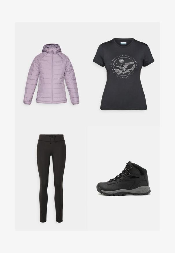 Svijetloplava, izolirana puffer jakna s kapuljačom, s prednjim patentnim zatvaračem, rebrastim manžetama i šavovima za teksturirani dizajn.; Crna Columbia majica s bijelim kružnim crtežom planine i rijeke te natpisom "Columbia Sportswear Company Outside Since 1938."; Crne tajice s visokim strukom, uzicom, glatkom teksturom i uskim dizajnom. Imaju šavove duž bokova.; Crne planinarske čizme s dizajnom srednjeg vrha, sa teksturiranim gornjim dijelom, sivim akcentima i izdržljivom gumom potplatom s uzorkom za prianjanje.