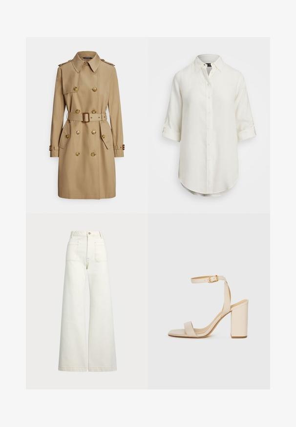 Trench coat bej cu design cu nasturi dubli, nasturi mari și talie cu curea. Dispune de epoleți și două buzunare cu clapetă. Textură fină.; Cămașă albă din in cu un design cu nasturi, mâneci scurte rulate, guler și un hem rotunjit. Prezintă nasturi în culori deschise.; Jeans cu picioare late din denim alb-crem. Design cu talie înaltă, cu închidere prin nasture, două buzunare frontale și detalii cu cusături contrastante.; Sandalie bej cu toc înalt, cu vârf pătrat, curea subțire în jurul gleznei și toc bloc. Textură de piele netedă cu detalii din cataramă aurie.