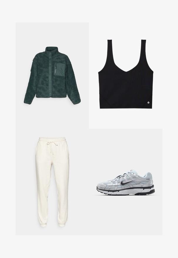 Zelená fleecová bunda s texturovaným povrchem, stojáčkovým límcem, předním zacvakávacím uzávěrem a zipovou náprsní kapsou z hladkého materiálu.; Černá sportovní podprsenka s širokými ramínky, designem do V, strukturovanou tkaninou a detailem loga na lemu. Hladký povrch, minimalistický styl.; Světlé béžové tepláky vyrobené z měkké látky, s elastickým pasem na šňůrku, bočními kapsami a manžetami na kotnících.; Tenisky Nike P-6000 s lehkou šedou síťovinou, černými akcenty a odolnou černou gumovou podrážkou. Vyznačují se složitým designem a systémem šněrování.