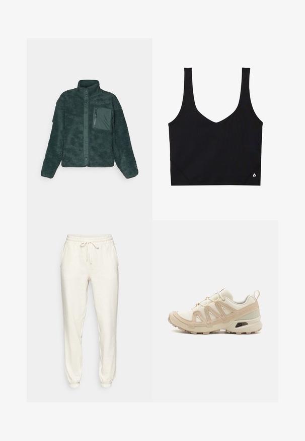 Jachetă de polar verde cu o suprafață texturată, guler înalt, închidere frontală cu capse și un buzunar pe piept cu fermoar dintr-o țesătură mai netedă.; Sutien sport negru cu bretele late, design în formă de V, țesătură texturată și detaliu cu logo la tiv. Finisaj neted, stil minimalist.; Pantaloni de trening bej deschis, confecționați dintr-un material moale, având un brâu elastic cu șnur, buzunare laterale și glezne strâmte.; Pantofii sport bej și crem au un superior din plasă texturată, suprapuneri de susținere și o talpă din cauciuc cu un model de profil pentru aderență.