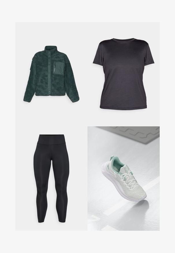 Green fleece jacket with a textured surface, standing collar, front snap closure, and a zippered chest pocket in a smoother fabric.; Gray short-sleeve t-shirt made of lightweight fabric, featuring a crew neck, smooth texture, and a subtle logo on the chest.; Black high-waist full-length leggings with smooth fabric and visible seam details on the front and waistband.; Light gray athletic shoe with a textured knit upper, mint green accents, white laces, rubber sole, and pull tab at the heel.