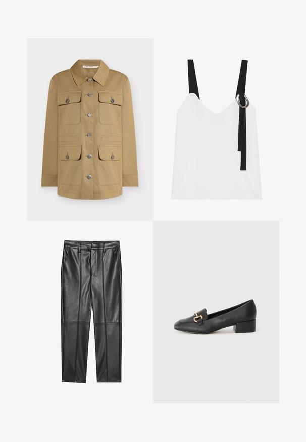 Béžová bunda na gombíky s golierom, štyrmi prednými vreckami a striebornými kovaniami. Vyrobená z odolnej tkaniny pre štruktúrovaný strih.; Biely top bez rukávov s výstrihom do V, s čiernymi popruhmi a strieborným krúžkovým detailom. Hladká látka a moderný, minimalistický dizajn.; Čierne kožené nohavice s hladkou textúrou, rovného strihu, s dvoma prednými vreckami a viditeľným švom.; Čierne kožené mokasíny s plochým podpätkom, ktoré majú dekoratívny zlatý kovový detail vpredu a hladkú textúru.