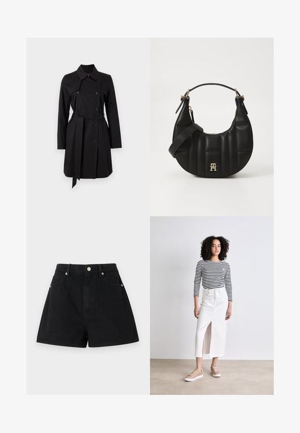 Black trench coat with a double-breasted design, large collar, and a belt. Made of smooth fabric with prominent buttons and two side pockets.; Black cotton t-shirt with rolled short sleeves, featuring an embossed logo in the center and a small flag accent on the side.; Black denim shorts with a high waist, five pockets, silver hardware, and a standard fit, featuring a smooth texture and clean finishing.; White denim skirt with a front slit, paired with a black and white striped long-sleeve shirt and beige sneakers. Flat, casual design.; Black leather handbag with a curved shape, quilted texture, and gold hardware. Features a detachable shoulder strap and logo detail.