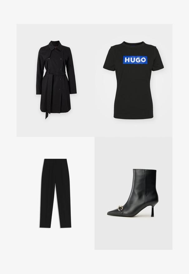 Black trench coat with a double-breasted design, large collar, and a belt. Made of smooth fabric with prominent buttons and two side pockets.; Black short-sleeve t-shirt made of cotton, featuring a large blue rectangular graphic with the word "HUGO" in white bold letters.; Black trousers with a straight fit, featuring double pleats, a smooth texture, and a classic waistband design. No visible hardware or accents.; Black leather ankle boot with pointed toe, slim mid-height heel, and silver buckle detail on side against plain background.