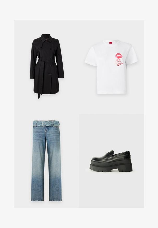 Black trench coat with a double-breasted design, large collar, and a belt. Made of smooth fabric with prominent buttons and two side pockets.; White cotton t-shirt with short sleeves, featuring a pink lip print and a lipstick graphic, along with the text "La Nuit Devious."; Light blue denim jeans with a wide-leg design, featuring a matching belted waist and a gradual fade from dark to light.; Black leather loafers with a chunky platform sole. Rounded toe, front seam detail, and subtle stitching accents. Flat, textured outsole.