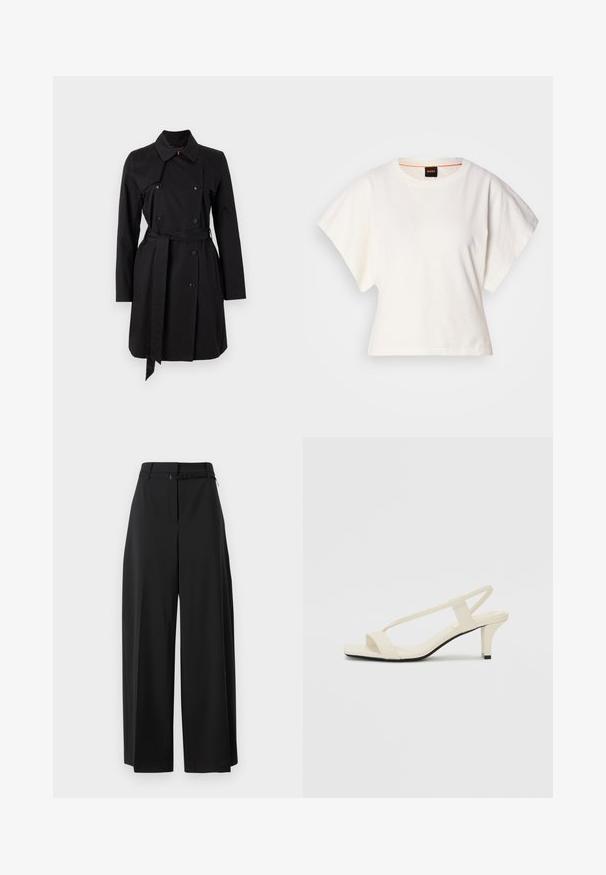 Juodas trench pal coat su dvigubo užsegimo dizainu, dideliu apykakle ir diržu. Pagamintas iš glotnaus audinio su ryškiais mygtukais ir dviem šoniniais kišenėmis.; Baltas trumpas marškinėliai, plačios trumpomis rankovėmis, minkšta medvilnė, apvali kaklo iškirptė su subtiliu oranžiniu apvadu, minimalus dizainas, be raštų ar grafikų.; Juodos plačios kelnes su aukštu juosmeniu ir diržu. Pasižymi lygiu paviršiumi ir švariomis linijomis, sukurtos patogiam prigludimui.; Kreminės blokų kulno šlepetės su plonomis dirželiais ir kvadratiniu pirštu. Lygus medžiaga su minimaliais akcentais, sukurtos lengvam dėvėjimui.