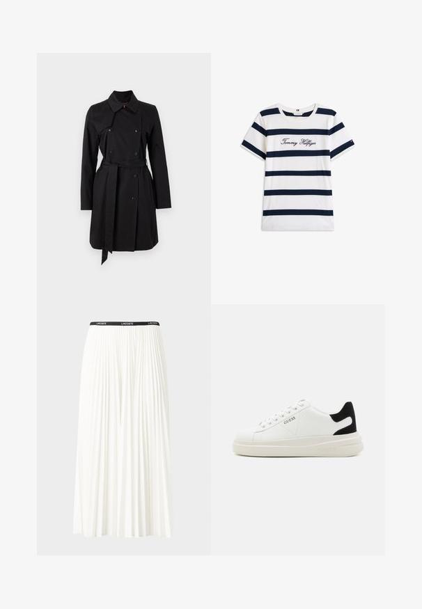 Črn plašč s dvojno zapenjanjem, velikim ovratnikom in pasom. Narejen iz gladkega materiala s poudarjenimi gumbi in dvema stranskima žepoma.; Bombažna majica s horizontalnimi mornarsko modrimi črtami na belem ozadju. "Tommy Hilfiger" izvezeno v kurzivni pisavi na prsih. Okrugli izrez.; Gubasta bela krila z črnim elastičnim pasom, ki nosi logotip "LACOSTE". Srednje dolga zasnova z mehkobo tkanine.; Bele usnjene športne copate z debelim belim podplatom, črnimi semišnimi detajli na peti in utisnjenim logotipom na strani. Zavezovanje s šestimi luknjicami.