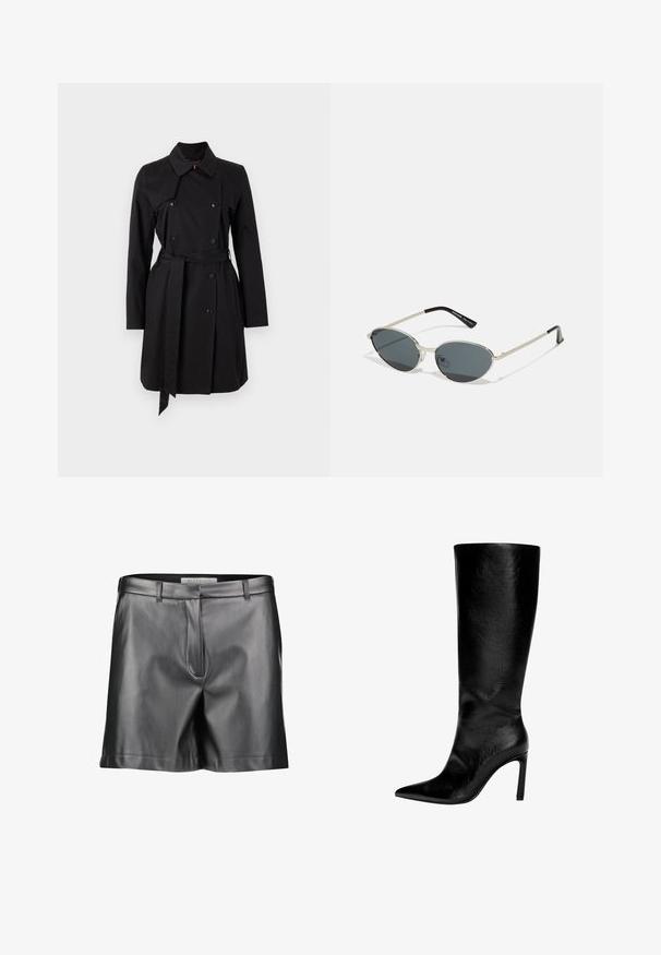 Fekete trench coat, dupla soros kialakítással, nagy gallérral és övvel. Simább anyagból készült, kiemelkedő gombokkal és két oldalsó zsebbel.; JJXX JXGIGI BODY 2 PACK - Hosszú ujjú felső - black; Fekete bőr rövidnadrág sima textúrával, szabott dizájnnal, övhurkokkal és elülső zsebekkel, egyenes szegéllyel és minimális varrás részletezéssel.; Térd fölé érő fekete bőrcipő, hegyes orral, magas csőrszerű talppal, sima felülettel és egyszerű, letisztult dizájnnal, díszítések nélkül.; Fém napszemüveg ovális sötét lencsékkel és ezüst kerettel. Vékony szárakkal rendelkezik, fekete részletekkel és átlátszó orrtámaszokkal.; Fehér bőr kézitáska ívelt formával, ezüst háromszög logóval és zipzáras záródással. Simább szerkezet és dupla fogantyú.