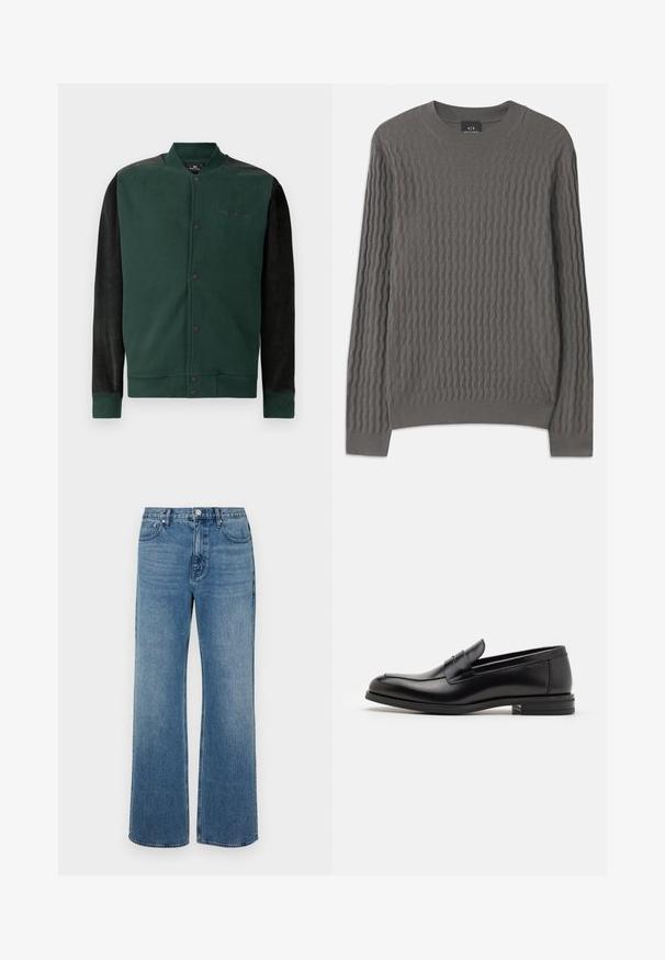 Giacca felpa verde con maniche nere; presenta una chiusura a bottoni automatici, logo sul petto e polsini e orlo a costine. Tessuto morbido.; Armani Exchange Maglione - dark gull zig zag; Jeans a gamba larga blu in denim con una finitura sbiadita. Presentano cinque tasche, una chiusura con bottone frontale e una vestibilità dritta.; Mocassini neri in pelle con una texture liscia, punta arrotondata e una striscia decorativa sulla tomaia. Tacco basso impilato, design minimalista.