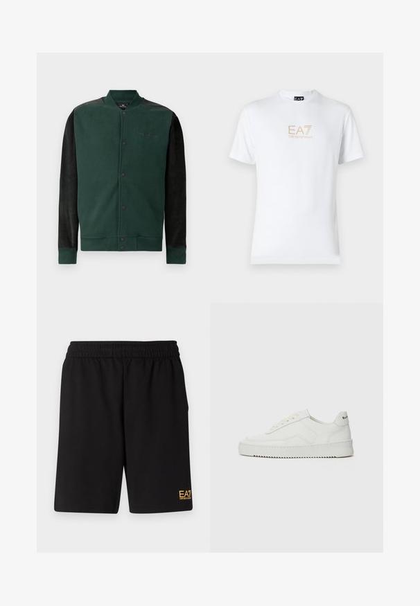 Zelená mikina so zipsom a čiernymi rukávmi; má zapínanie na cvoky, logo na hrudi a rebrované manžety a spodný lem. Mäkka textúra.; Biela bavlnená tričko s okrúhlym výstrihom a krátkymi rukávmi, na prednej strane s potlačou zlatého loga EA7 Emporio Armani.; Čierne športové šortky vyrobené z jemného materiálu, s elastickým pásom a malým žltým logom EA7 na dolnej ľavej nohe.; Biele kožené tenisky s hladkým povrchom, okrúly špičkový dizajn, ploché šnúrky a textúrovaná podrážka. Obsahujú jemné logo na päte.