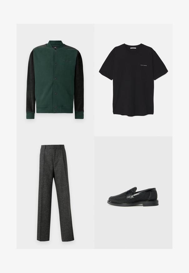 Grønn hettejakke med svarte ermer; har trykknapplukking, logo på brystet og ribbestrikkede mansjetter og hem. Myk tekstur.; Svart bomull T-skjorte med rund hals, korte ermer, og hvit logo trykk på venstre bryst. Enkel, ensfarget design.; Grå skreddersydde bukser laget av teksturert stoff, med to frontpleater og rette ben. Ingen synlige lommer eller dekorasjoner.; Sorte vevde slip-on sko med en glatt lærdetalj på overdelen, design med rund tå og en lavprofil gummisåle.