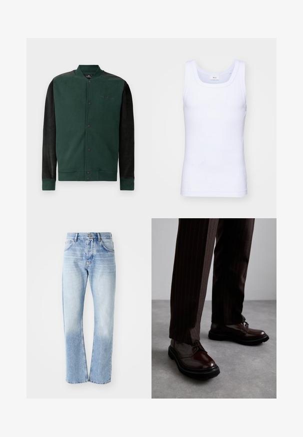 Zeleni dukserica s kapuljačom i crnim rukavima; ima kopčanje na dugmiće, logo na prsima, te rebraste manžete i donji rub. Mekana tekstura.; Bijela pamučna bezrukavna majica s okruglim izrezom, s glatkom teksturom i prilagođenim oblikom, dizajnirana za ležerno nošenje.; Svijetloplave traperice ravnog kroja. Imaju dizajn s pet džepova, dugmasti patent zatvarač i izblijedjelu teksturu prema dnu.; Smeđe kožne cipele s vezicama i sjajnim finišom, crna gumena potplata i suptilno šivanje. Nosene s smešanim smešnim smeškom smešnim smeškom.