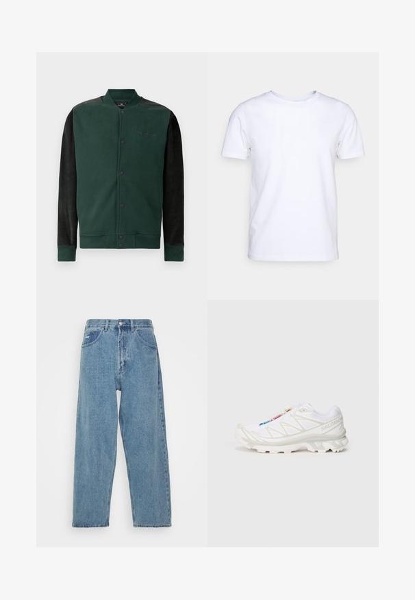 Giacca felpa verde con maniche nere; presenta una chiusura a bottoni automatici, logo sul petto e polsini e orlo a costine. Tessuto morbido.; T-shirt bianca a maniche corte in cotone con scollatura rotonda. Design semplice senza fantasie o accenti. Texture liscia.; Jeans in denim azzurro chiaro con vita alta e vestibilità rilassata, dotati di due tasche frontali, una tasca a toppa sul retro e chiusura con bottone.; Scarpa da ginnastica bianca con tomaia in rete testurizzata, dettagli riflettenti e suola ammortizzata. Logo del marchio ben visibile sul lato.