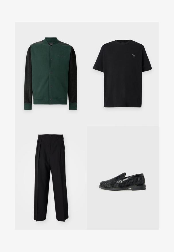 Green sweatshirt jacket with black sleeves; features a snap button closure, logo on the chest, and ribbed cuffs and hem. Soft texture.; Black cotton t-shirt with short sleeves, round neckline, and a subtle horse logo embroidered in gray on the left chest area.; Black pleated trousers with a straight, wide-leg design. Made from smooth fabric, featuring a button closure and belt loops.; Black woven slip-on shoe with a smooth leather accent on the upper, a round toe design, and a low-profile rubber sole.