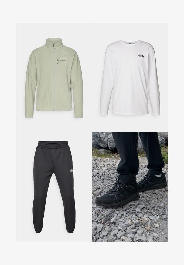 Light green fleece jacket with a high collar, front zipper, and two side pockets. Features the Columbia logo on the left chest and smooth texture.; White long-sleeve T-shirt made of cotton with a crew neck. Features a small black logo on the chest. Smooth texture, regular fit.; Black sweatpants with a drawstring waist, tapered fit, elastic cuffs, and a small white logo on the left thigh, made from smooth fabric.; Black outdoor shoes with mesh and synthetic material, featuring a textured upper, secured lacing system, and a rugged outsole, on rocky terrain.