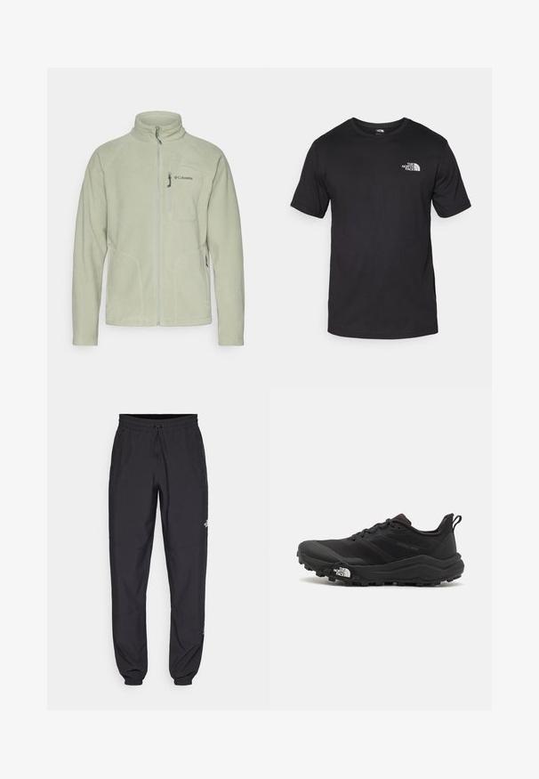 Light green fleece jacket with a high collar, front zipper, and two side pockets. Features the Columbia logo on the left chest and smooth texture.; Black short-sleeve t-shirt made of cotton, featuring a round neckline and a small white logo on the upper left chest area.; Black athletic pants made from lightweight fabric, featuring a drawstring waistband, side pockets, and tapered cuffs at the ankles.; Black trail running shoe with a textured upper, rubber sole, and reinforced toe cap. Features a padded collar and pull tab for easy wear.