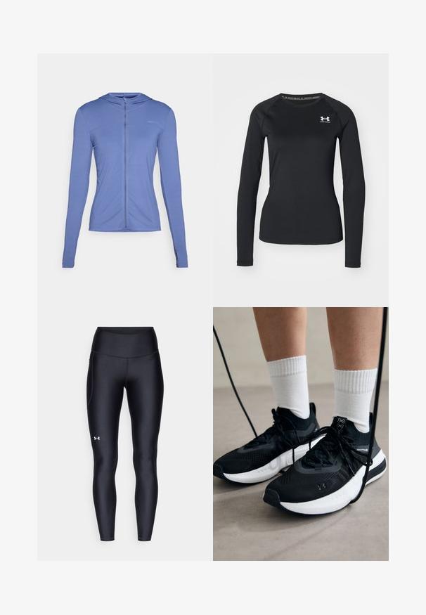 Long-sleeve, zip-front hoodie in light blue fabric. Features a textured pattern and a fitted design with a hood.; Black long-sleeve athletic shirt made of smooth fabric, featuring a round neckline and a small white logo on the left chest.; Black leggings made of smooth, stretchy material with a high waistband. Features a white logo on the left thigh and fitted design.; Black athletic shoes with textured fabric, white sole, and black laces. Worn with white ribbed socks, standing on a light surface.