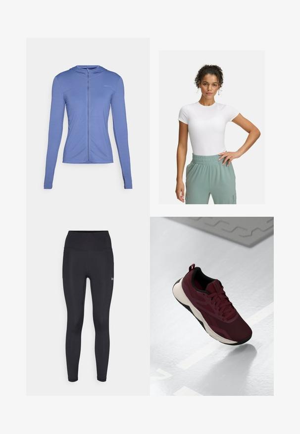 Long-sleeve, zip-front hoodie in light blue fabric. Features a textured pattern and a fitted design with a hood.; White fitted t-shirt with short sleeves, paired with light green elastic waistband pants. Smooth texture, minimalist design, and no visible patterns.; Black high-waisted leggings made of smooth, stretchy material. Features flat seams and a small logo on the lower right leg.; Maroon athletic shoe with mesh upper, black accents, and a cushioned white sole. Features lace-up closure and pull tab at the heel.