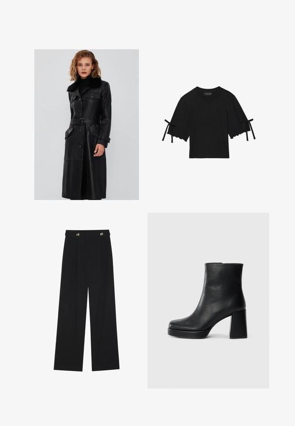 Czarny skórzany płaszcz trencz z futrzanym kołnierzem, z paskiem w talii, z zapinaniem na guziki oraz dwiema przednimi kieszeniami; charakteryzuje się gładką teksturą i dopasowanym krojem.; Czarny bawełniany top z krótkim rękawem, z falbanami na dole i zawiązywanymi akcentami na rękawach. Posiada okrągły dekolt i luźny krój.; Czarne szerokie spodnie z wysokim stanem, z detalami w postaci guzików na pasku oraz plisami z przodu.; Czarne skórzane botki za kostkę z blokowym obcasem i platformą, widok z boku na białym tle.