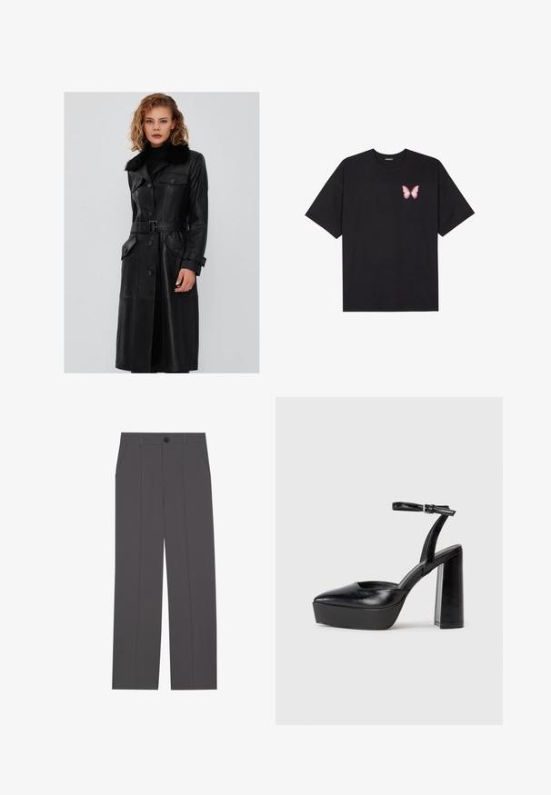 Zwart lederen trenchcoat met een bontkraag, een ceintuurlijn in de taille, knoopsluiting en twee voorzakken; heeft een gladde textuur en een getailleerd ontwerp.; Zwarte katoenen t-shirt met korte mouwen, voorzien van een kleine roze vlinder graphic op de linkerkant van de borst. Crew neck ontwerp met een relaxte fit.; Grijze broek met een recht model, voorzien van twee zijzakken en een knoopsluiting. Gladde stof zonder zichtbare patronen of accenten.; Zwarte plateauhakken met een puntige neus en verstelbare enkelband. Gemaakt van soepel leer, met een robuuste blokhak.