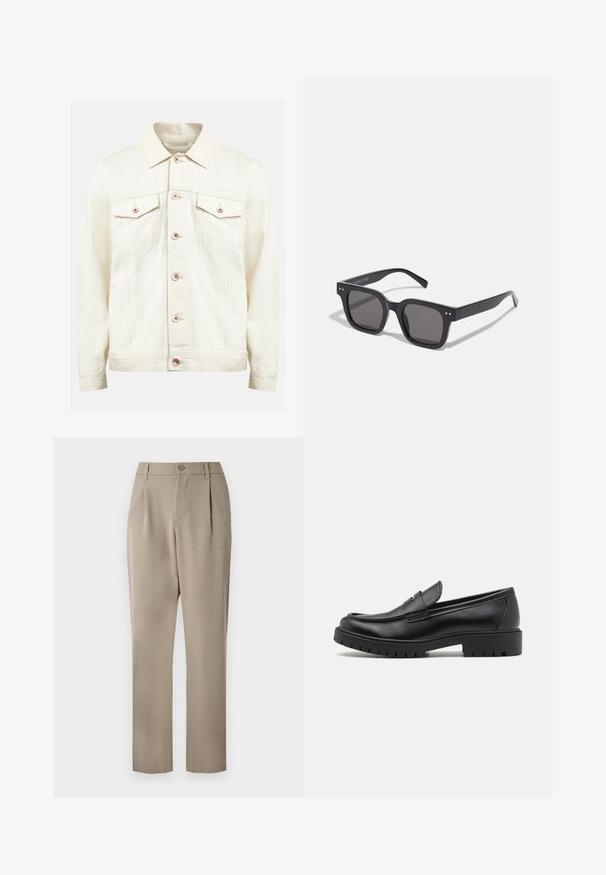 Redefined Rebel BAKER JACKET - Jeansjacke - raw cotton; Weißes kurzärmeliges T-Shirt aus weichem Stoff. Rundhalsausschnitt, lockere Passform und einfaches Design ohne Verzierungen oder Muster.; Khakihosen mit geradem Bein, ausgestattet mit einem Knopfverschluss und einer gefältelten Vorderseite. Hergestellt aus glattem Stoff mit matter Oberfläche.; Schwarze Lederloafers mit runder Zehenform, eleganter Schlupfdesign und dicker Gummisohle mit strukturiertem Griff. Erhöhter Absatz und dezente Nähdetails.; Schwarze rechteckige Sonnenbrillen mit dunklen Gläsern, die einen dicken Rahmen, subtile Akzente an den Seiten und keine sichtbaren Logos außer dem Markennamen aufweisen.