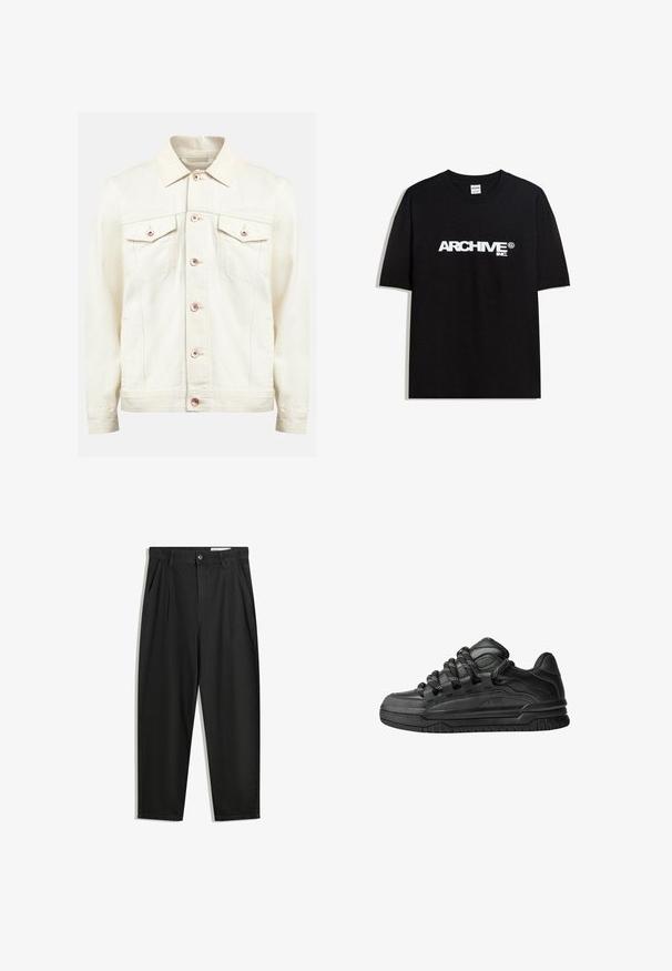 Redefined Rebel BAKER JACKET - Džínová bunda - raw cotton; Černé bavlněné tričko s bílým logem "ARCHIVE inc." na hrudi, krátké rukávy a kulatý výstřih.; Černé bavlněné kalhoty s uvolněným střihem, klasickým pasem, předními záhyby a bočními kapsami. Hladká textura bez vzorů.; Černé tenisky s hladkým koženým svrškem, texturovanými akcenty a kulatými černobílými tkaničkami. Silná gumová podrážka s vzorovaným dezénem.