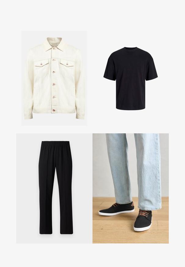 Redefined Rebel BAKER JACKET - Chaqueta vaquera - raw cotton; Camiseta de algodón negra con cuello redondo, mangas cortas y un ajuste relajado. Textura suave y sin patrones ni acentos visibles.; Pantalones negros con cintura elástica y diseño de pierna recta, con una textura suave y sin patrones o herrajes visibles.; Zapatillas de lona negras con detalles marrones, suelas de goma blanca y cordones marrones, combinadas con jeans rectos de color azul claro. Fondo de suelo de madera.