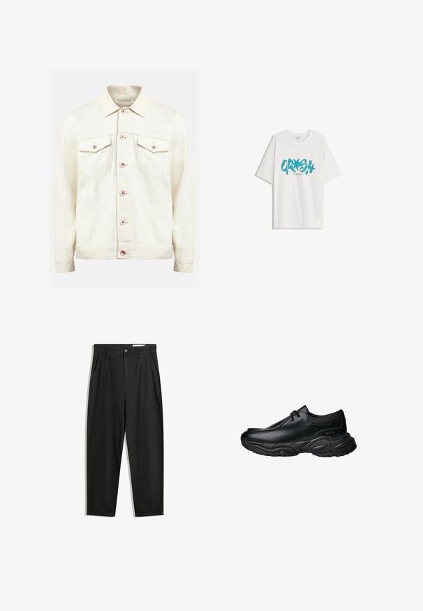 Redefined Rebel BAKER JACKET - Giacca di jeans - raw cotton; Bershka SHORT SLEEVE - T-shirt con stampa - white; Pantaloni in cotone neri con una vestibilità rilassata, dotati di una vita classica, pieghe frontali e tasche laterali. Tessuto liscio senza fantasie.; Scarpe slip-on in pelle nera con punta arrotondata e suola in gomma spessa e testurizzata. Presentano cuciture sottili e dettagli in elastico sul colletto.