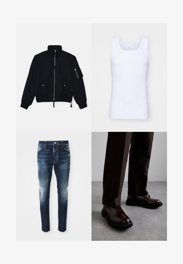 Helmut Lang STRETCH - Bomberjacke - black; Weißes Baumwoll-Top ohne Ärmel mit rundem Ausschnitt, ausgestattet mit einer glatten Textur und einer figurbetonten Form, ideal für die Freizeit.; Dunkelblaue Jeans im Slim-Fit-Schnitt, mit verwaschenen Stellen an den Oberschenkeln und Knien, fünf Taschen und einem Metallknopfverschluss.; Braune Leder Schnürschuhe mit glänzender Oberfläche, schwarzer Gummisohle und dezenten Nähten. Getragen mit braunen Angabenhosen mit Nadelstreifen.