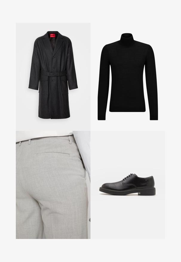 Tumehall villane ülekasukas, millel on lõigatud krae, ühe nööbiga sulgur, küljetaskud ja sobiv vöö. Textuuriga kangas.; Musthave muströid ja pehmest materjalist must turtleneck, millel on pikad varrukad ja tihe istuvus. Ribaga ääris allservas ja vöökohal. Lihtne disain.; Heledat hallid kohandatud püksid tekstuurse kangaga, millel on üks tagatasku ja puhas õmblus.; Must beemel levalis kingad ümarate varvastega, sileda pinnaga, minimaalsete õmblustega ja madala kummist kontsaga. Logo kontsa peal.