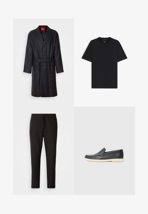 Dunkelgrauer Wollmantel mit Reverskragen, einreihigen Knöpfen, Seitentaschen und einem passenden Gürtel. Strukturierten Stoff.; Schwarz T-Shirt mit kurzen Ärmeln aus einem glatten Baumwollmix, mit Rundhalsausschnitt und einem minimalistischen Design ohne Muster oder Akzente.; Schwarze Jogginghose aus glattem Stoff. Mit einem elastischen Bund und Kordelzug, schmal zulaufenden Beinen und ohne sichtbare Taschen. Einfaches Design.; Schwarze Leder-Slipper mit strukturiertem Finish und einer kontrastierenden beige Gummisohle. Mit einem dezenten Akzent an der Vorderseite.