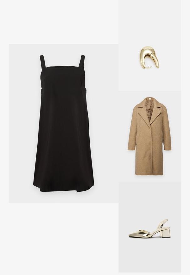 Smeđi kaput od vune s mješavinom, teksturirane završne obrade, s uskim reverima, otvorenim prednjim dijelom i bočnim džepovima. Dizajniran za slobodan kroj s dugim rukavima.; Crna bezrukavna haljina sa kvadratnim dekolteom, izrađena od glatkog materijala, s opuštenim krojem i ravnim rezom. Nema vidljivih uzoraka ili dodataka.; Zlatni metalik slingback sandali s šiljatim vrhom i debelim potpeticama. Glatka tekstura, minimalistički dizajn i uski remen.; Crna kožna torba s lukovitim oblikom, odvojivim remenom i zlatnim detaljima. Torba ima preklop s kopčom.; Zlatne metalne naušnice s elegantnim, zakrivljenim dizajnom. Imaju karakterističan šiljast oblik, poliranu površinu i zatvaranje na šarku.