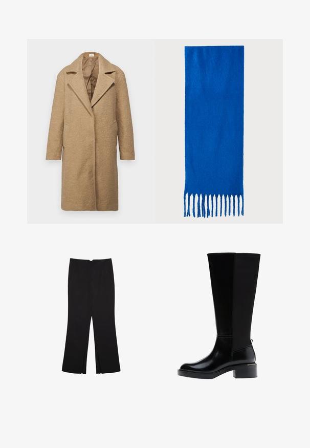 Smeđi kaput od vune s mješavinom, teksturirane završne obrade, s uskim reverima, otvorenim prednjim dijelom i bočnim džepovima. Dizajniran za slobodan kroj s dugim rukavima.; Crna pletena dugoslojna majica sa podloženim ramenima i rebrastim manžetama i rubom, prikazana na bijeloj pozadini.; Crne hlače ravnog kroja, s prednjim džepovima i bočnim prorezima na rubu. Izrađene od mekog i glatkog materijala. Pogodne za razne prigode.; Crna čizma do koljena s glatkom kožnom završnom obradom, istaknutim šavovima, masivnom petom i teksturiranim stražnjim panelom za dodatni interes.; Plava šal od mekog materijala; sadrži jednobojnu boju s teksturiranom površinom i ravnomjerno rezanim resicama na dnu.