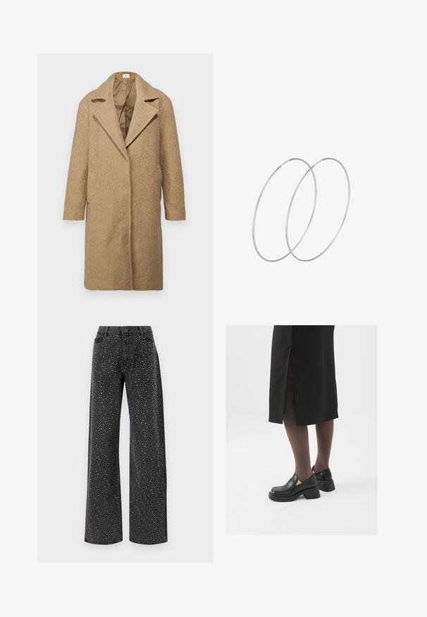 Abrigo de mezcla de lana marrón con un acabado texturizado, solapas notch, frente abierto y bolsillos laterales. Diseñado para un ajuste holgado con mangas largas.; Camisa de botones con lentejuelas en crema claro. Presenta un cuello clásico, mangas largas y un detallado brillante de lentejuelas en toda su superficie para un aspecto texturizado.; Noisy May NMJANNEL LOOSE - Vaqueros boyfriend - black denim; Zapatos de piel negra con punta redondeada, tacón grueso y bloque, y acentos elásticos en los laterales, combinados con unos pantys oscuros y una falda negra con una abertura.; Pendientes de aro plateados con un diseño minimalista. Forma circular, textura suave y perfil delgado. Livianos con un acabado pulido.