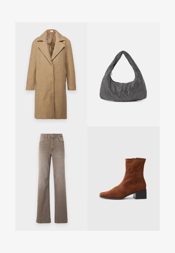 Brown wool-blend coat with a textured finish, notched lapels, open front, and side pockets. Designed for a loose fit with long sleeves.; Black long-sleeve top made of textured lace, featuring a scalloped neckline and fitted design with a cropped silhouette.; Brown high-waist straight-leg jeans with front button, belt loops, and classic five-pocket design on a white background.; Brown suede ankle boot with a square toe and low block heel, side zipper closure, shown in profile on a white background.; Black bag with a curved, hobo shape, textured fabric featuring silver studs. Singular top handle, zip closure, and soft silhouette.