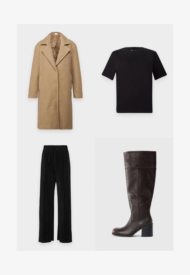 Brauner Wollmischmantel mit strukturierter Oberfläche, mit Reverskragen, offenem Vorderteil und Seitentaschen. Entworfen für einen lockeren Sitz mit langen Ärmeln.; Schwarzes T-Shirt mit kurzen Ärmeln und Rundhalsausschnitt, aus weichem Baumwollmaterial gefertigt. Schlichtes Design, keine sichtbaren Logos oder Muster.; Schwarze plissierte Hose mit elastischem Bund. Verfügt über weite Hosenbeine und einen glatten, strukturierten Stoff mit vertikalen Streifen.; Braune Lederkniehohe Stiefel mit abgerundeter Spitze und gestapeltem Absatz. Merkmale sind eine glatte Oberfläche und seitliche Nähte.