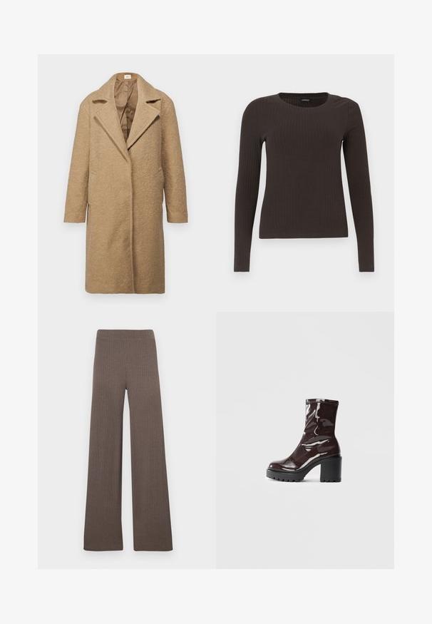 Pruun villasegu mantel, millel on tekstuuriga viimistlus, nurgelised kraed, avatud eesmine osa ja küljetaskud. Kavandatud laia lõikega, pikkade varrukatega.; Pruun, pikkade varrukatega ribaga särk, millel on ümar kaelus. Valmistatud siledast, venivast materjalist, omades formatiivset siluetti ja minimaalset dekoratiivsust.; Laiad pahkluudriga püksid tumepruunis toonis, millel on veniv vöökoht ja pehme, tekstuuriga kangas.; Klakav läikiv burgundi värvi pahkluu saabas, millel on paks must konts, sile tekstuur ja lihtne disain. Nähtavad kinnitused või mustrid puuduvad.