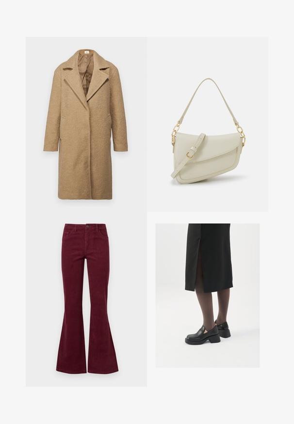 Brown wool-blend coat with a textured finish, notched lapels, open front, and side pockets. Designed for a loose fit with long sleeves.; White sleeveless tank top made of ribbed fabric, featuring a rounded neckline and a fitted silhouette, with minimal seams and no embellishments.; Burgundy corduroy flared jeans with five pockets, a front button closure, and textured fabric. Flares extend from knee to hem.; Black leather shoes with a rounded toe, thick block heel, and elastic side accents, paired with dark tights and a black skirt with a slit.; Small cream handbag with a textured finish, a long adjustable strap, a chain accent, and a flap closure. Gold hardware detailing.